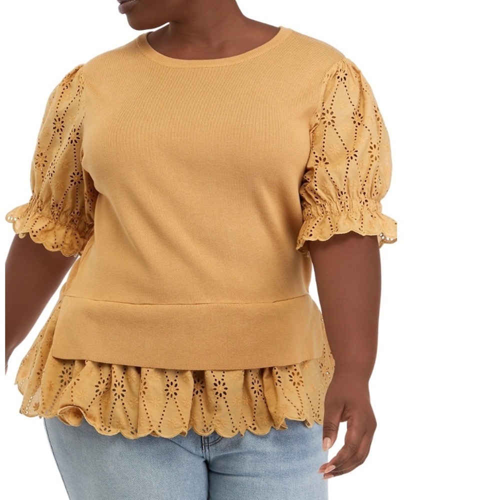 English Factory Women's Mustard Yellow Eyelet Peplum‎ Sweater Top Plus Size 2X